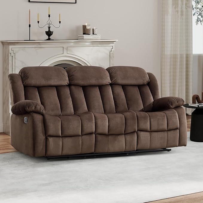 EBELLO Manual Recliner Chair, Classic 3 Seat Reclining Sofa with Overstuffed Arms and Backrest for Living Room, Bedroom, Sofa, Brown