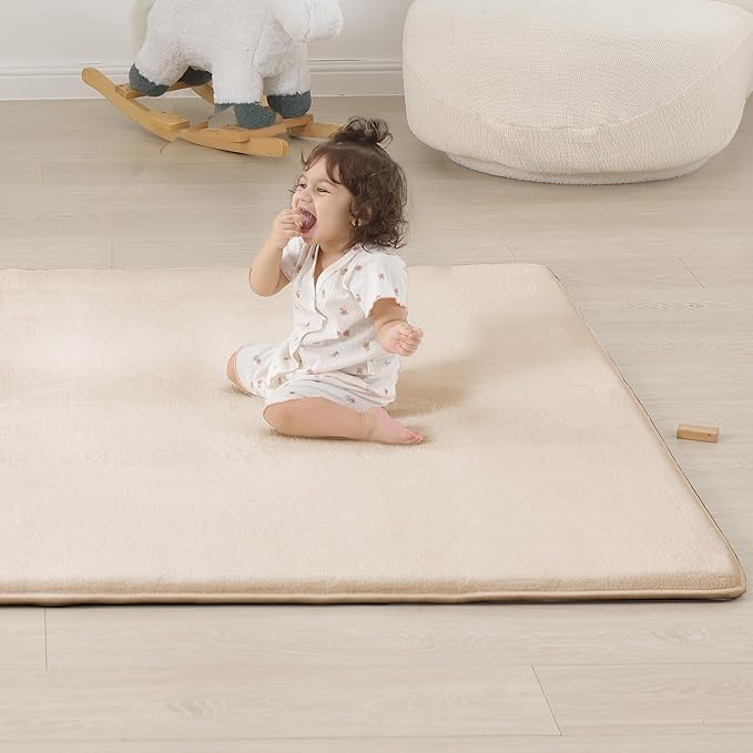 PAPAMAT 1.3" Thick Baby Floor Play Mat 39x59, Basic Padded Foam Mat for Tummy Time Crawling, Non Slip Cushioned for Babies Toddlers Infants Kids (Beige)