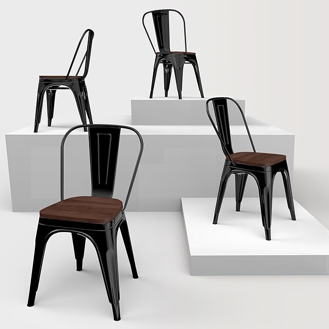Metal Dining Chairs Set of 4,Stackable Tolix Chair Indoor/Outdoor for Kitchen,Cafe,Restaurant,Bistro & Patio Multiple Colors with High Backrest and Wood Seat(Black)