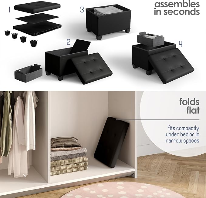 Storage Ottoman Cube with Small Bin, 16-in Square Ottoman with Storage for Living Room and Bedroom, Small Ottomans Foot Rest, Faux Leather Foot Stools Ottomans Max 330lbs, Black