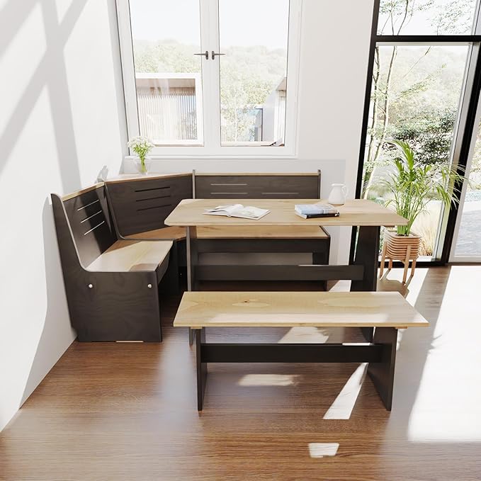 Breakfast Nook Table Set for Kitchen - Bench Seating for Dining Room with Space Saving Solid Wood L Shaped Corner Dining Table Set Apartment for 4 to 6 People - Black