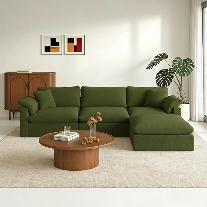 Forest aesthetics Modular Sectional Sofa Cloud Couch,Down Filled Comfy Cloud Modern Sofa,Green Linen L Shape Oversized Couch Cushion Covers Removable Furniture for Living Room