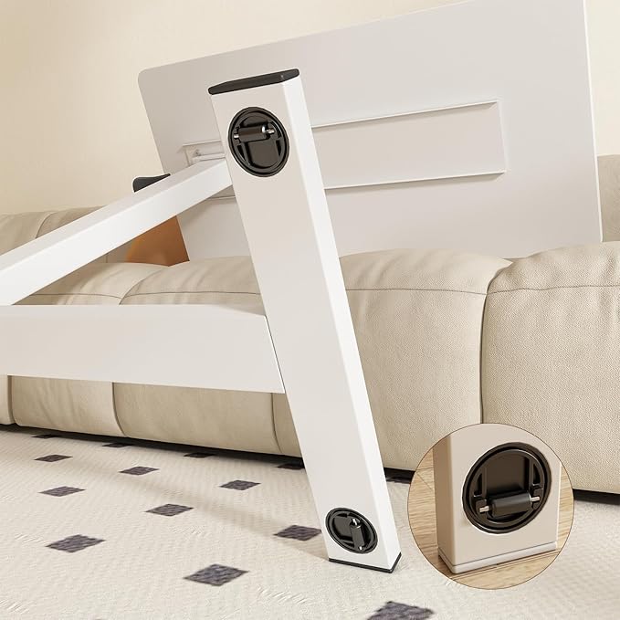 Overbed Bedside Table with Wheels Adjustable Hospital & Home Use Bed Table Rolling Movable Laptop Mobile Standing Desk Pneumatic Computer Cart Waterproof L-Shaped Steel Base Tray Tables,White