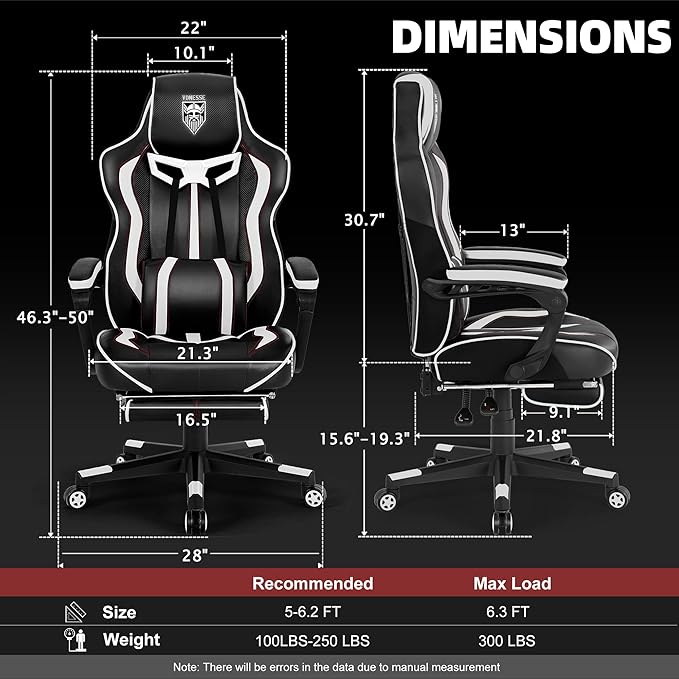 Vonesse Gaming Chair with Footrest,Reclining Computer Gaming Chair for Adults,Big and Tall Gamer Chair with Massage,Ergonomic High Back (White/Black)