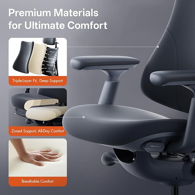 LiberNovo Dynamic Ergonomic Office Chair - Comfy Adjustable Desk Chair with Adaptive Lumbar Support, 160° Recline & Built-in Spine Stretch for Back Comfort, Home Office Long Hours Use, Gray+45cm