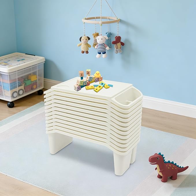 12-Pack Kids Lap Desks, Plastic Lap Tray with Rounded Edges, Stackable Kindergarten Children's Tray with Side Pockets, Portable Bed Table for Reading Dining, Preschool Daycare Home, No Assembly, White
