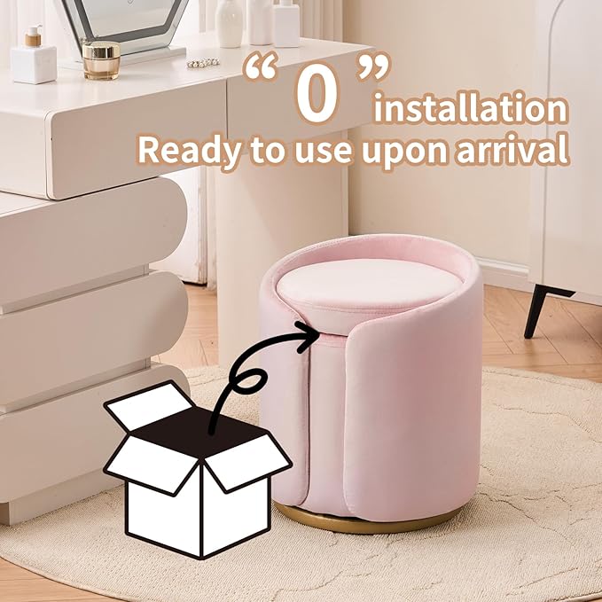 Vanity Chair with Storage, Round Velvet Vanity Stool No Wheels, Swivel Ottoman Chair with Upholstered for Women, Makeup Chair Accent Stool with Back for Living Room, Bedroom, Gold Base, Pink
