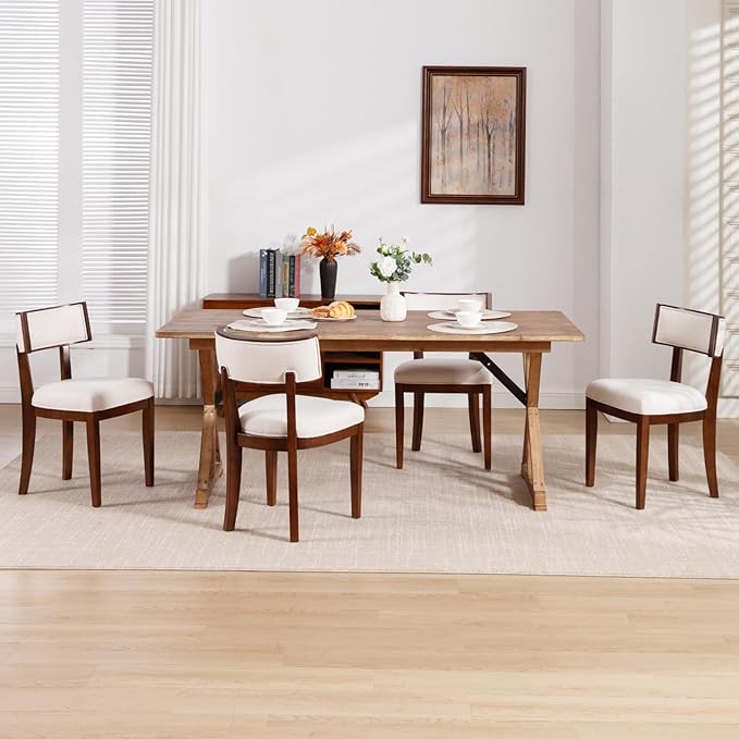 DM Furniture Dining Chairs Set of 6 Linen Fabric Upholstered Dining Room Chairs with Curved Backrest Mid Century Modern Farmhouse Kitchen Chair Solid Wood Side Chairs for Living Room/Restaurant
