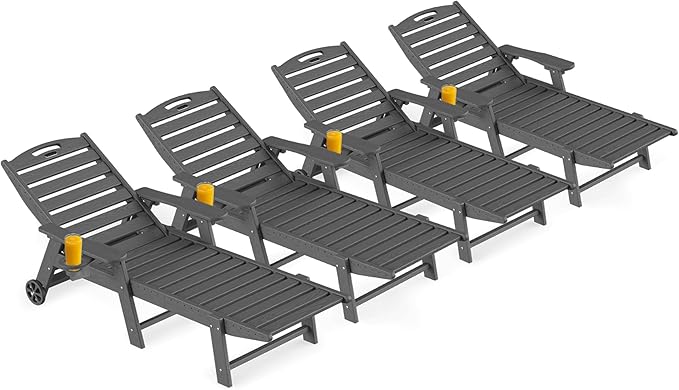 Ciokea Outdoor Lounge Chair Set of 4, HDPE Chairs with Rolling Wheels, Dark Grey