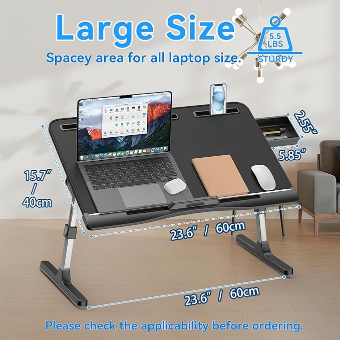 Laptop Stand for Bed, Adjustable Leather Bed Desk with Foldable Legs, X-Large Laptop Bed Table Tray with Drawer for Bed Couch Floor Writing Working Reading Eating Painting (Black, 23.6"×15.7")