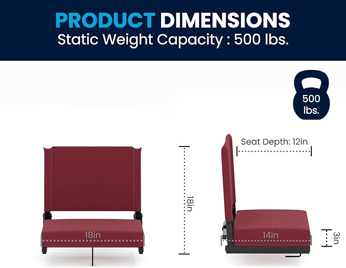 Flash Furniture Grandstand Portable Stadium Seats for Bleachers or Benches, Folding Padded Stadium Chairs with Handle, Pack of 2, 500 lb. Weight Capacity, Maroon