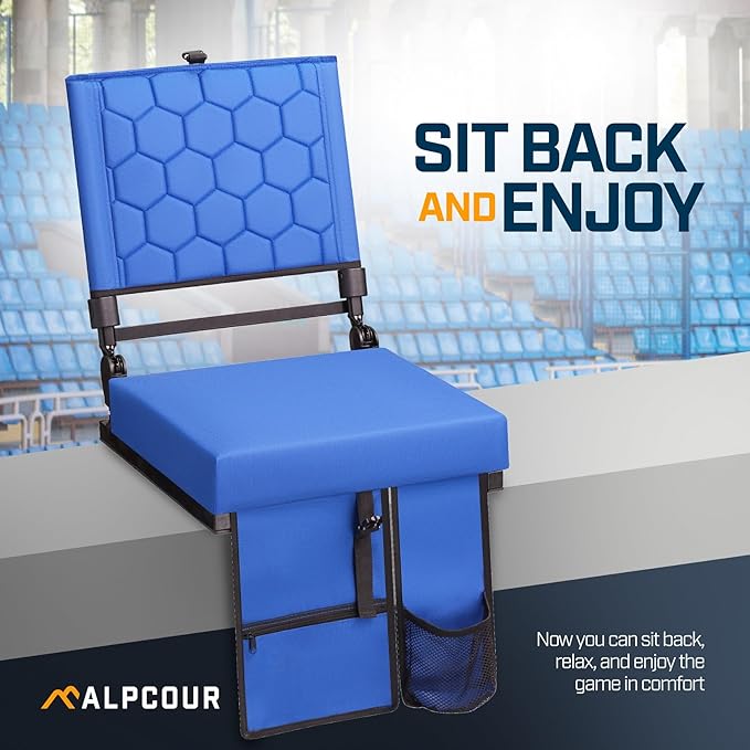 Extra Wide Folding Reclining Stadium Seat with Back Suppot for Bleachers, Bleacher Hooks, Thick Cushion, Cup Holder, Storage Pockets – Portable Chair for Kayak, Canoe, Paddle Board, Concerts, & Sports