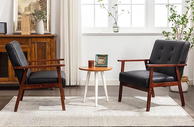 JIASTING Mid-Century Retro Modern Leather Accent Chair Set of 2 Wooden Arm Chair Upholstered Tufted Back Lounge Chairs for Office Living Room