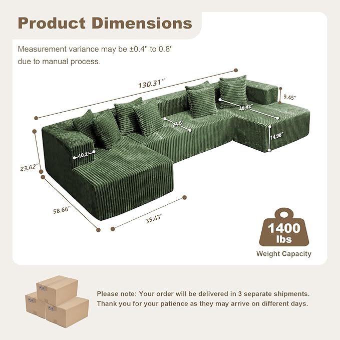 130'' U Shaped Couched for Living Room, Cloud Modular Sectional Couch with 2 Chaise Lounge, Modern Minimalist Upholstered Sofa Sleeper Deep Seat Corner Couch, No Assembly Required Green