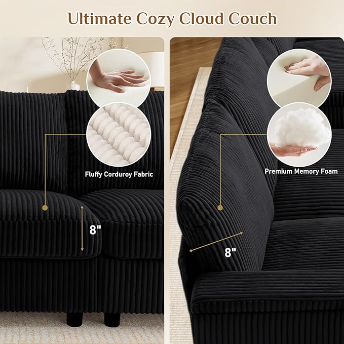 153" W x 60" D U Shape Sectional Sofa with USB Charging & Cup Holder & Storage, 6 Seater Plush Corduroy Couches with Movable Ottoman, Cloud Couch Sofas for Living Room, DIY Combination - Black