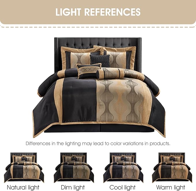Grand Avenue Elegant Black and Gold Comforter Set, Striped, 7 Pieces Jacquard Bedding Sets with Comforter, Bed Skirt, Pillows & Shams, California King Size All Season, Lightweight Microfiber