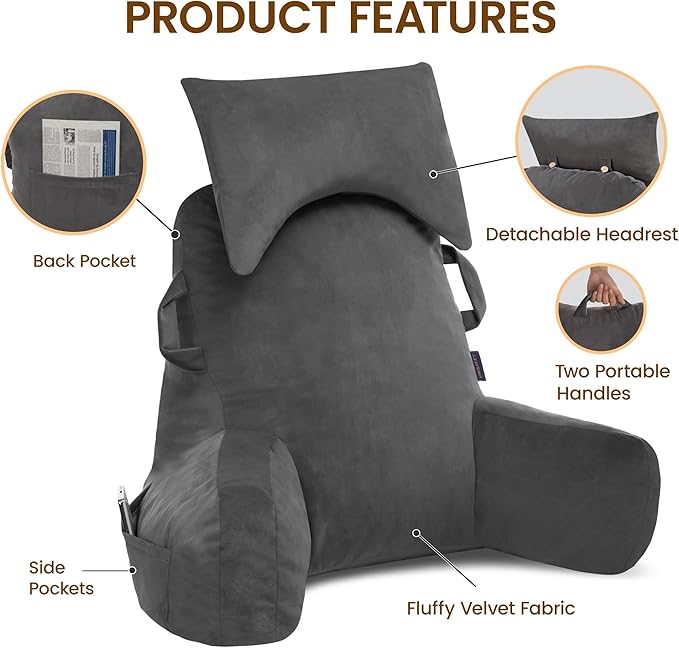 Unisakey Portable Reading Pillows with Headrest for Bed Sitting Up(Light Grey Oeko-Tex), Velvet Back Pillow with Arms & Pockets for Adults, Support Memory Foam Bed Pillow for Dorm/Watching/Gaming