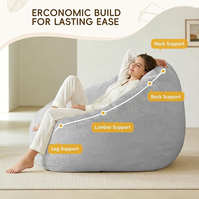Giant Bean Bag Chair with Armrests 47 Inch Large Plush Bean Bag Couch for Adults and Kids Fluffy Faux Fur Shell-Shaped Oversized Comfy Stuffed Sofa with Filler for Living Room, Bedroom, Gray