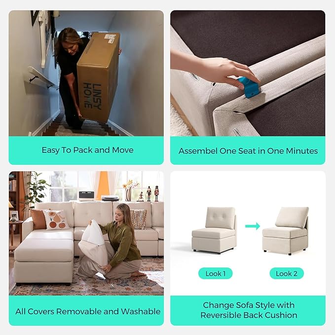LINSY HOME Modular Sectional Sofa Oversized, Removable Cover Living Room Couches with Storage Deep Seat & Ottoman Chaise L/U Shaped Sofa Modern Couch (Beige, 4 Seats)
