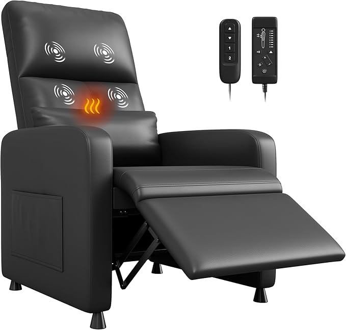 GarveeHome Power Recliner Chair with Massage and Heat, Adjustable Electric Recliner Ergonomic Overstuffed PU Leather Single Sofa, 2 Side Pockets and USB Port, Home Theater Seating for Living Room
