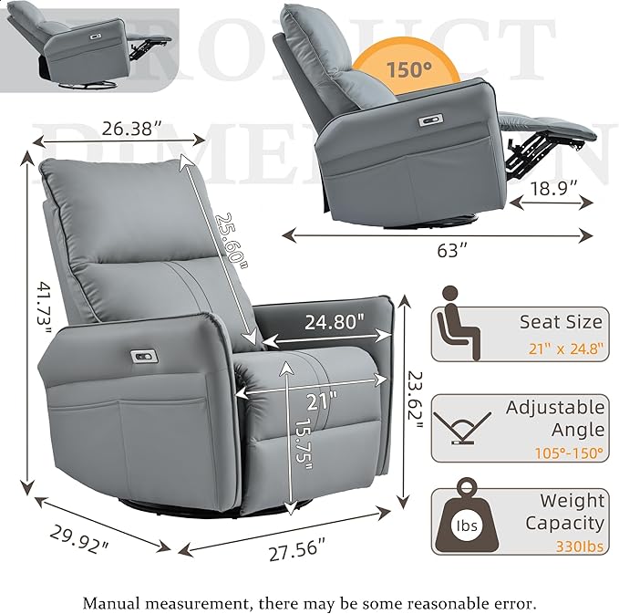 QKFF Power Swivel Rocker Recliner Chair for Nursery, Upholstered 270° Swivel Glider Rocker Chair with USB Ports, Small Power Recliners for Small Spaces Living Room