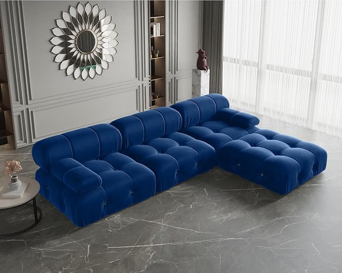 JACH 104" Modular Sectional Couch, L-Shaped Minimalist Velvet Sofas, Convertible Comfy Couch, Sectional Sofa with Reversible Chaise Ottoman for Living Room, Apartment (Blue)