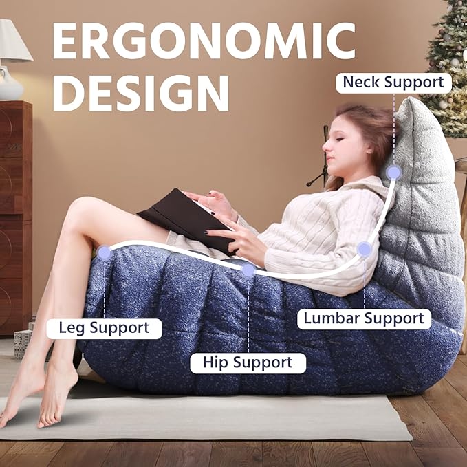 Bean Bag Chair, Fireside Chair, Large Bean Bag Chair for Adults, Bean Bag Chairs for Teens with High-Resilience Foam, Non-Slip Base Floor Lounge Sofa,Living Room (Gradient White-Blue, Single)