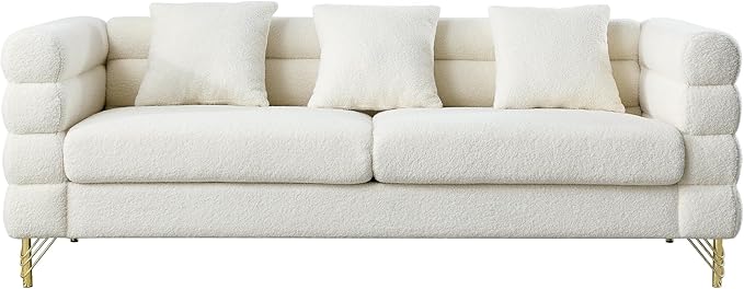mikibama Modern Teddy Sectional Sofa, 81 Inch Oversized Sofa Couch, Luxury 3 Seater Deep Couch with 3 Pillows and Gold Metal Legs for Living Room, Bedroom, Apartment (White)