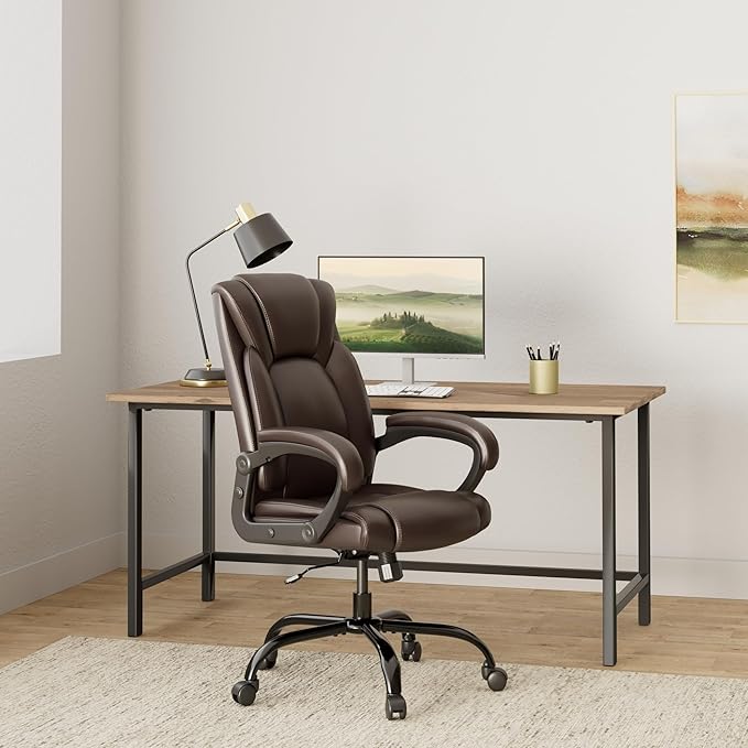 OUTFINE Office Chair Executive Office Chair Desk Chair Computer Chair with 5-Year hydrolysis-Resistant Leather Spring Cushion Ergonomic Support Tilting Function Upholstered in Bonded Leather (Brown)