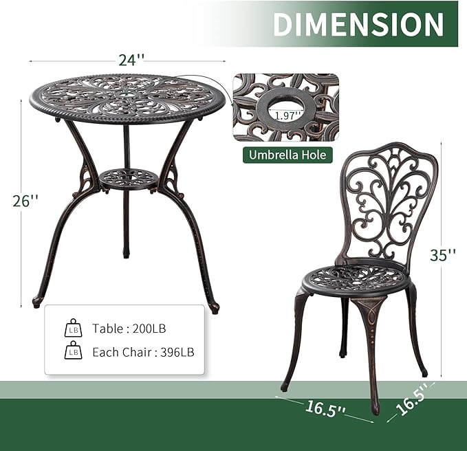 Withniture Outdoor Bistro Set 3 Piece Patio Bistro Set with Umbrella Hole, Weather Resistant Bistro Table and Chairs Set of 2 for Porch Garden, Bronze
