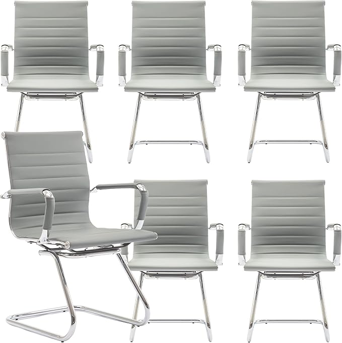 DM Furniture Office Desk Chair Set of 6,No Wheels PU Leather Computer Chairs Mid Back Guest Chairs with Seld Base for School/Reception/Conference/Waiting Room,Grey