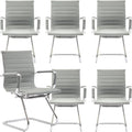 DM Furniture Office Desk Chair Set of 6,No Wheels PU Leather Computer Chairs Mid Back Guest Chairs with Seld Base for School/Reception/Conference/Waiting Room,Grey