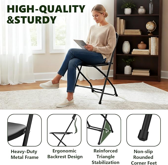 Folding Chairs 10 Pack, Plastic Folding Chairs for Outside, Heavy Duty Foldable Chairs, Sturdy Metal Folding Chairs, 350 lbs Capacity, for Patio, Garden, Camping, Black