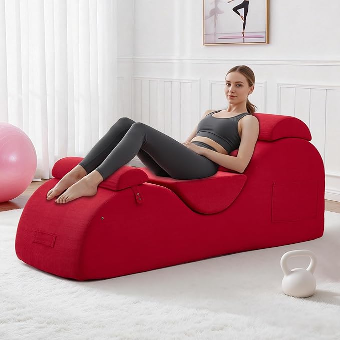 DRMBOOK Yoga Chairs for Adults, Corduroy Fabric Chaise Lounge with Headrest, Boneless Yoga Sofa Couch with Waist Cushion, Movable Footrest, Side Pockets for Relaxation Exercise Stretching (Red)