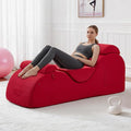 DRMBOOK Yoga Chairs for Adults, Corduroy Fabric Chaise Lounge with Headrest, Boneless Yoga Sofa Couch with Waist Cushion, Movable Footrest, Side Pockets for Relaxation Exercise Stretching (Red)