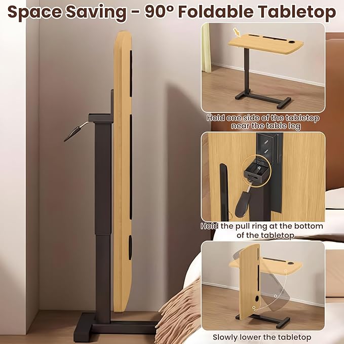 Overbed Bedside Table with Wheels, Height Adjustable Hospital Bed Table, Mobile Computer Standing Laptop Desk with USB Charge and Cup Holder