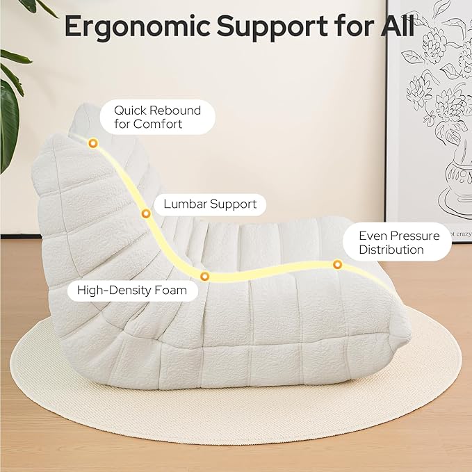 High-end Togo Bean Bag Chair, Fireside Chair with Pure White Jacquard Fabric Cover, Comfy & Soft Lazy Floor Lounge Sofa for Bedroom, Living Room, Office or Salon