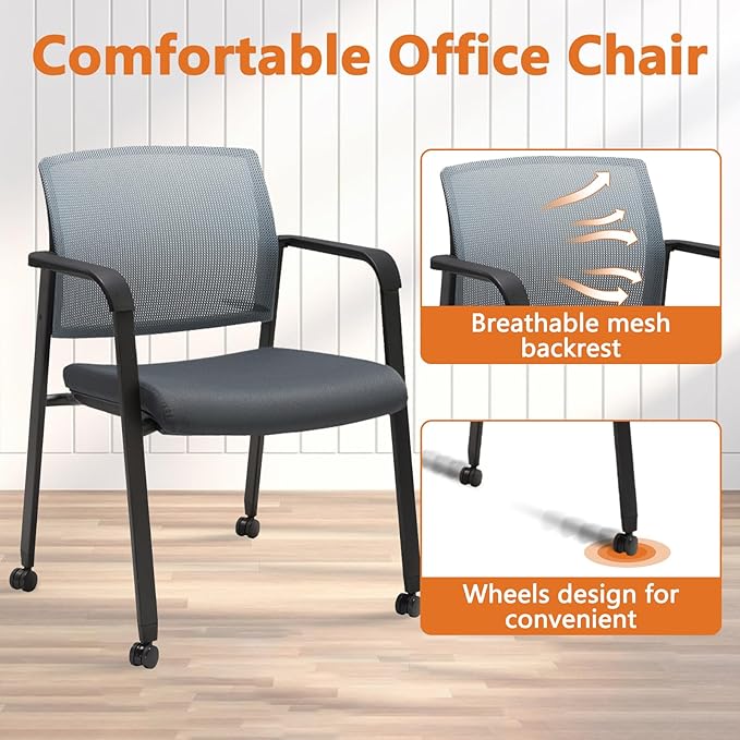 CLATINA Mesh Back Stacking Arm Chairs with Upholstered Fabric Seat and Ergonomic Lumbar Support for Office School Church Guest Reception (WithWheels Gray- 4 Pack)