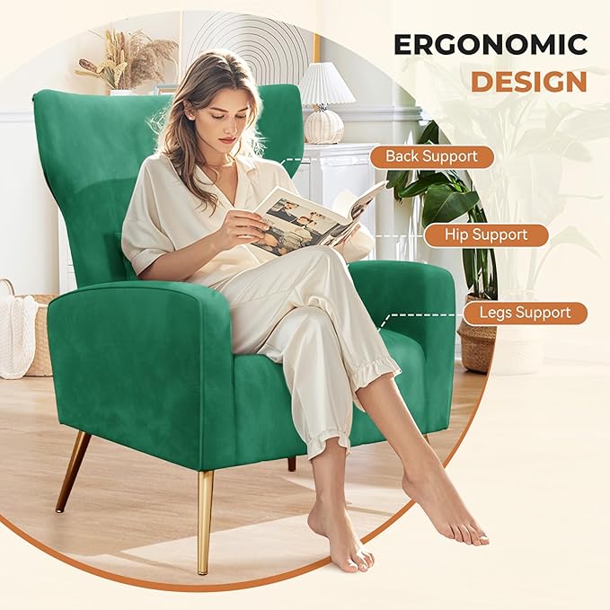 Nalupatio Modern Accent Chairs for Set of 4 Upholstered Velvet Fabric Reading Chair Mid Century Arm Chair Comfy Armchair for Living Room,Green