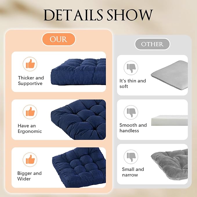 LYLNBYWK Meditation Floor Cushions Set of 2, Thickened Floor Pillow for Adults, Large Square Pillows Seat Cushion for Tatami Living Room Yoga, Memory Sponge Block Added, 22x22 Inch, Drak Blue