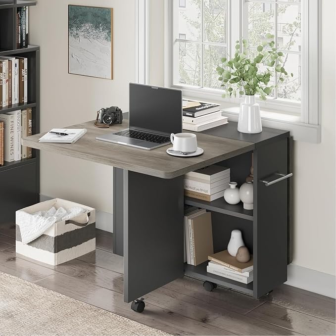 IDEALHOUSE Folding Dining Table, Drop Leaf Dining Table with 6 Wheels and 2-Layer Storage Shelf, Space Saving Kitchen Table for Small Spaces (Slate Oak, 47.2" D x 23.6" W x 29.5" H)