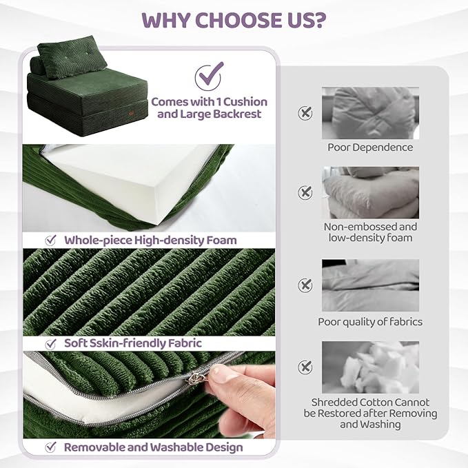 Folding Sofa Bed,3-in-1 Convertible Sleeper Chair Corduroy High-Density Foam with Pillow, Foldable Single Futon Chair for Living Room、 Bedroom 、Hotel、 Apartment, Single, Emerald Green