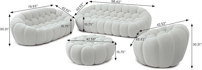 JACH Bubble Sofa Curved Couch Set, Comfy Upholstered Sofa, Mesh Fabric 3D Honeycomb Shape Modern Couches for Living Room, Apartment (Light Grey, 1 Seater, 2 Seater, 3 Seater, Ottoman)