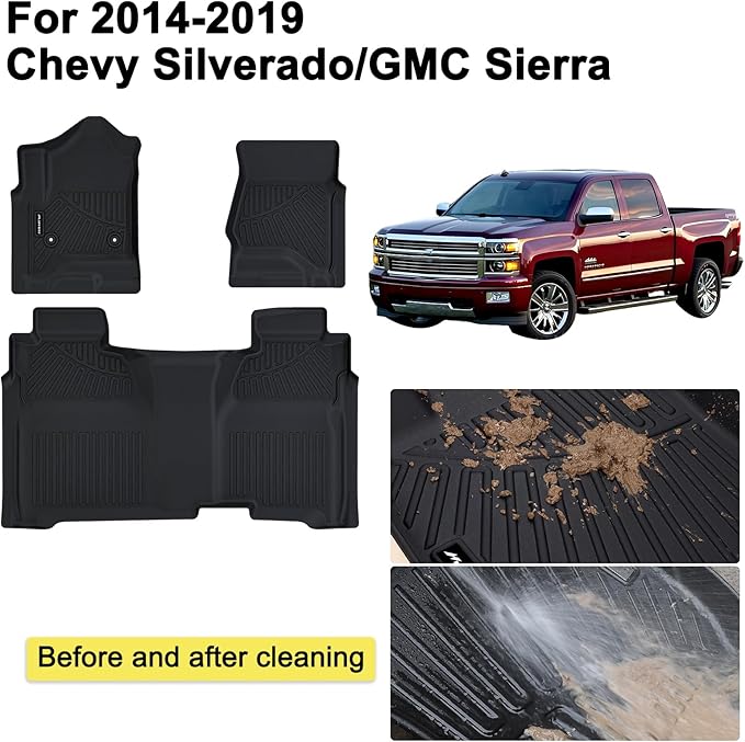 Floor Mats for 2014-2018 Chevy Chevrolet Silverado/GMC Sierra 1500 Crew Cab,2015-2019 Silverado/Sierra 2500HD 3500HD Crew Cab,TPE All Weather Protection Car Floor Liners Accessories