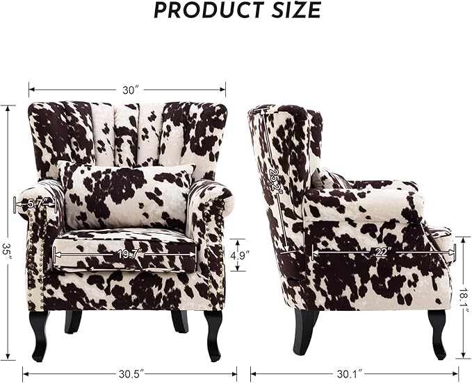LZAREAL Accent Reading Arm Chairs Set of 2 for Living Room Bedroom, Midcentury Modern Comfy Corner Sofa Chair, Wingback Waiting Room Club Chair with Button Tufted Back &Lumbar Pillow, Fabric Cow