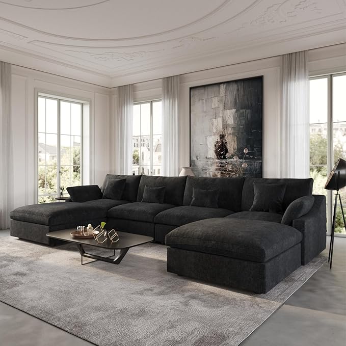 Cloud Couch Modular Sectional Sofa,156" U Shaped Large Down Filled Convertible Modular Sofa Couch with Ottomans for Living Room Set,Covers Washable&Replaceable(Black)