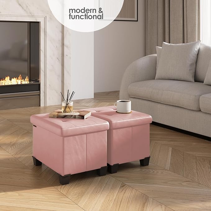 Storage Ottoman Cube with Small Bin, 16-in Square Ottoman with Storage for Living Room and Bedroom, Small Ottomans Foot Rest, Faux Leather Foot Stools Ottomans Max 330lbs, Pink