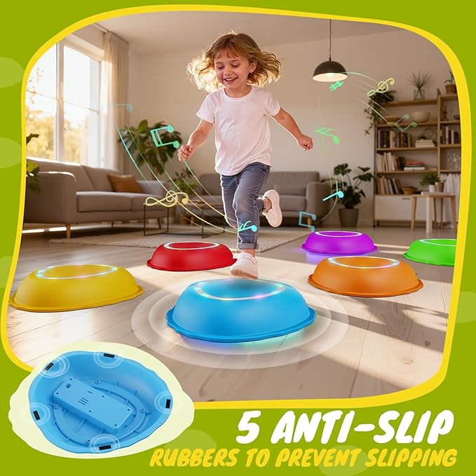 Scvcid Rechargeable Stepping Stones for Kids, 6pcs Music and Light Up Anti-Slip Balance Sensory Toys for Toddler, Kids Indoor and Outdoor Play Equipment, Birthday Gifts Toys for 3 4 5+ Year Old Kids