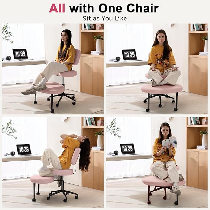 Ergonomic Cross Legged Office Chair，ADHD Chair for Adults，Height Adjustable Meditation Chair with Wheels，Teddy Fabric Yoga Kneeling Chairs with Comfortable Back Support (Pink)