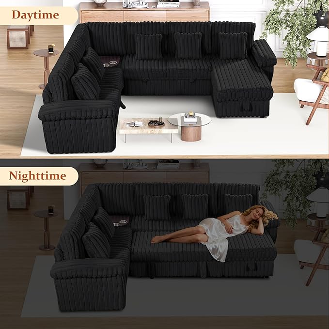 Modular Sectional Sleeper Sofa with Pull Out Bed, Storage Chaise & USB Charging, U Shaped Plush Corduroy Sectional Couches for Living Room, Comfy Convertible 7 Seat Cloud Sofa Bed, Dark Black
